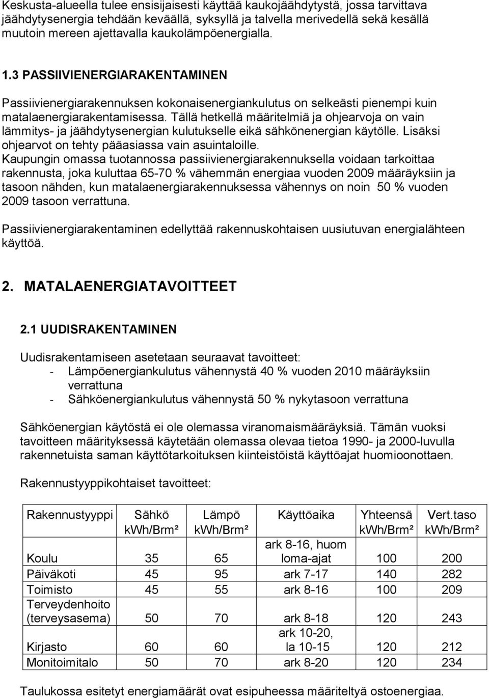 Tällä hetkellä määritelmiä ja ohjearvoja on vain lämmitys- ja jäähdytysenergian kulutukselle eikä sähkönenergian käytölle. Lisäksi ohjearvot on tehty pääasiassa vain asuintaloille.