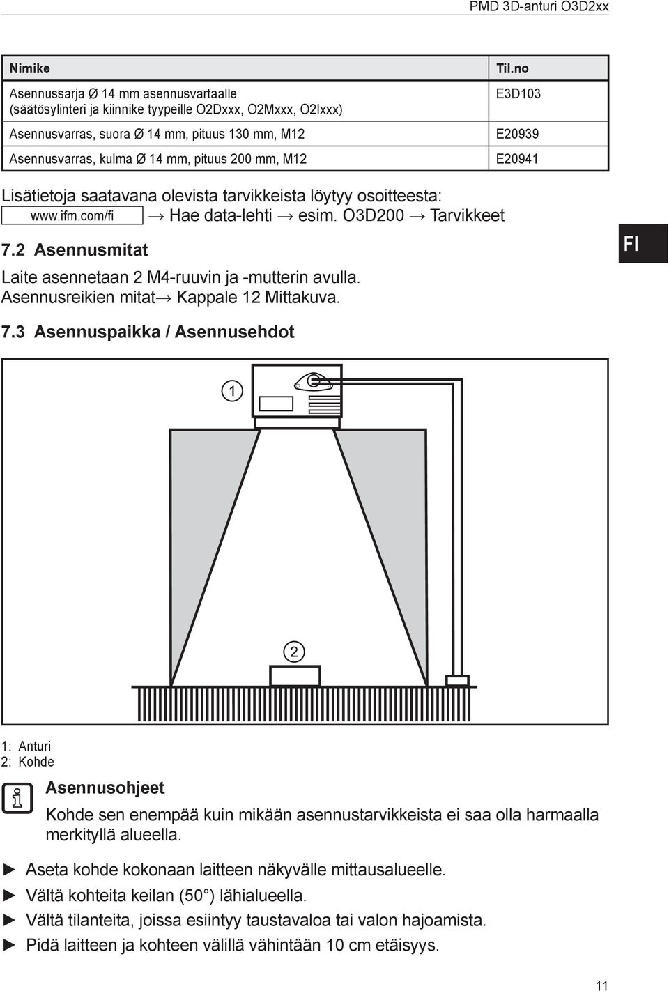 2 Asennusmitat Laite asennetaan 2 M4-ruuvin ja -mutterin avulla. Asennusreikien mitat Kappale 12 Mittakuva. 7.