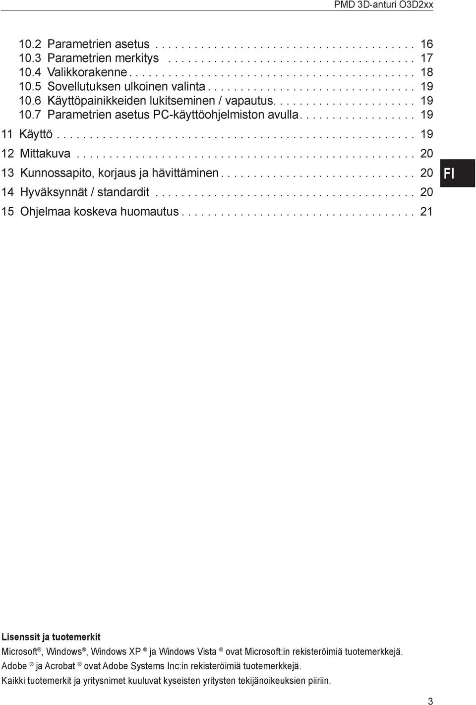 7 Parametrien asetus PC-käyttöohjelmiston avulla 19 11 Käyttö 19 12 Mittakuva 20 13 Kunnossapito, korjaus ja hävittäminen 20 14 Hyväksynnät / standardit 20 15