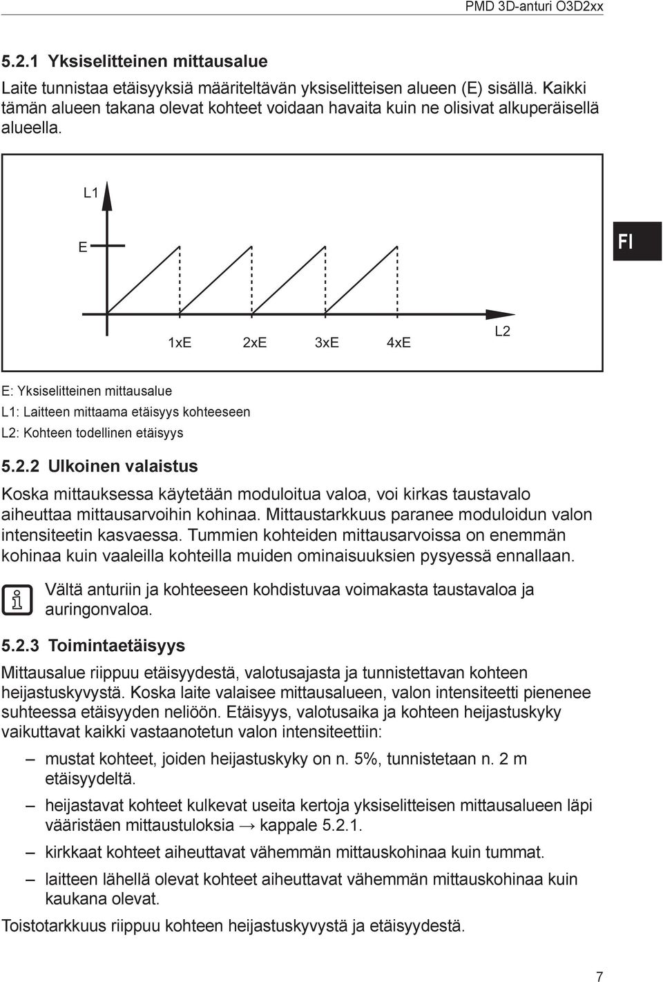 L1 E 1xE 2xE 3xE 4xE L2 E: Yksiselitteinen mittausalue L1: Laitteen mittaama etäisyys kohteeseen L2: Kohteen todellinen etäisyys 5.2.2 Ulkoinen valaistus Koska mittauksessa käytetään moduloitua valoa, voi kirkas taustavalo aiheuttaa mittausarvoihin kohinaa.