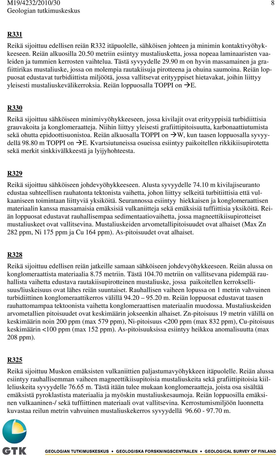 90 m on hyvin massamainen ja grafiittirikas mustaliuske, jossa on molempia rautakiisuja pirotteena ja ohuina saumoina.