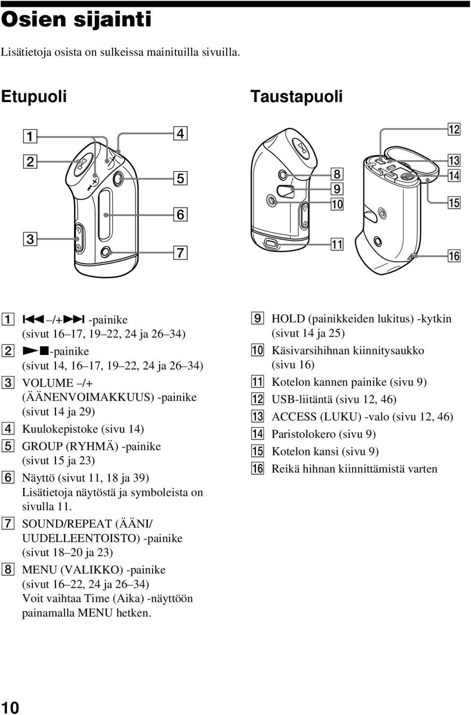 -painike (sivut 15 ja 23) 6 Näyttö (sivut 11, 18 ja 39) Lisätietoja näytöstä ja symboleista on sivulla 11.