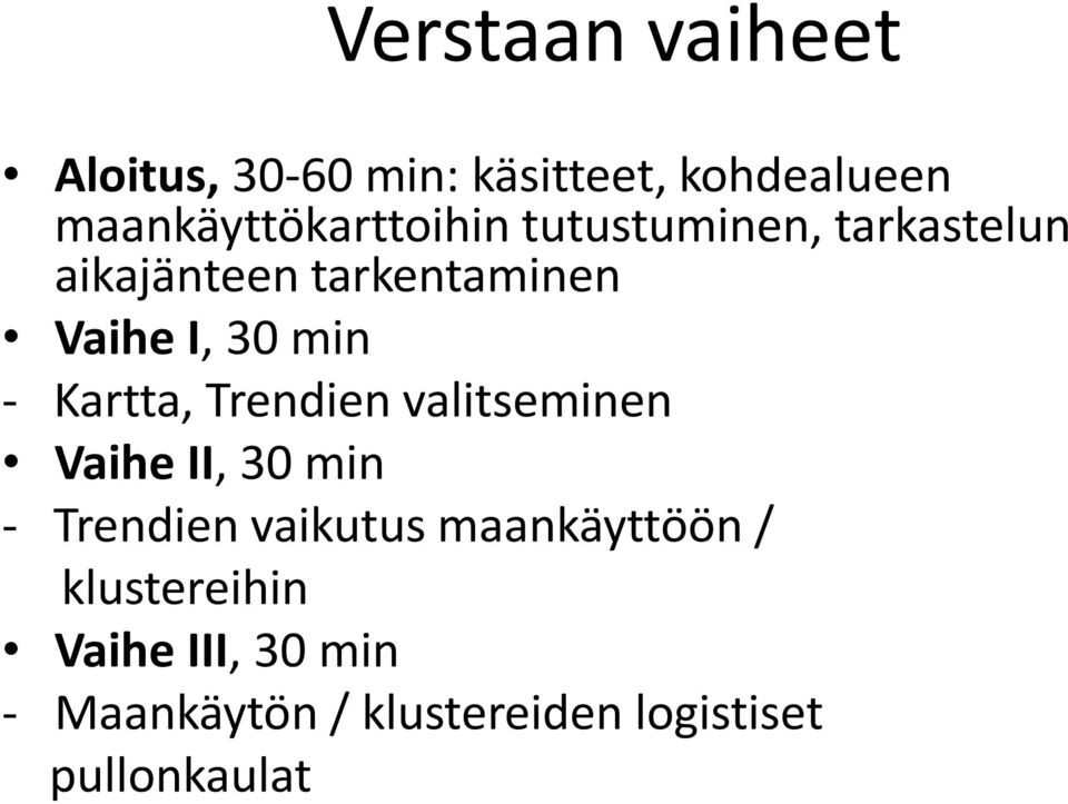 I, 30 min - Kartta, Trendien valitseminen Vaihe II, 30 min - Trendien vaikutus