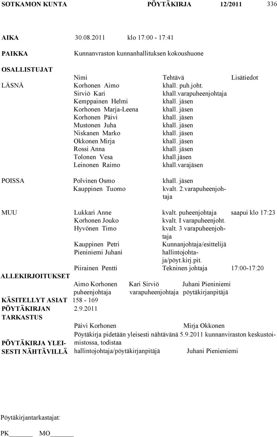 jäsen Okkonen Mirja khall. jäsen Rossi Anna khall. jäsen Tolonen Vesa khall.jäsen Leinonen Raimo khall.varajäsen POISSA Polvinen Osmo khall. jäsen Kauppinen Tuomo kvalt. 2.