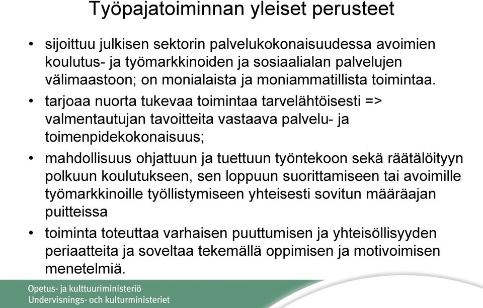 tarjoaa nuorta tukevaa toimintaa tarvelähtöisesti => valmentautujan tavoitteita vastaava palvelu- ja toimenpidekokonaisuus; mahdollisuus ohjattuun ja tuettuun