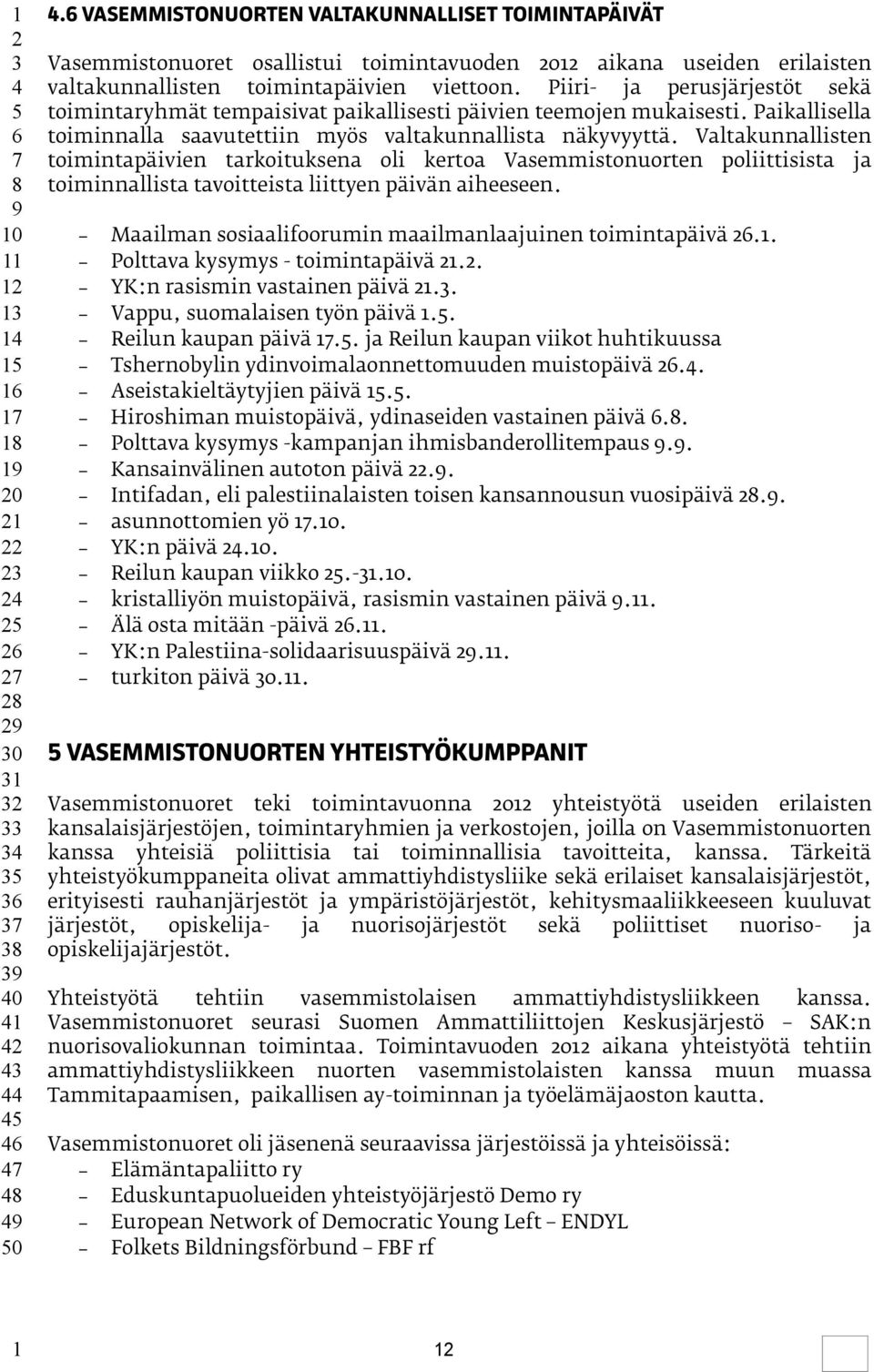 Valtakunnallisten toimintapäivien tarkoituksena oli kertoa Vasemmistonuorten poliittisista ja toiminnallista tavoitteista liittyen päivän aiheeseen.