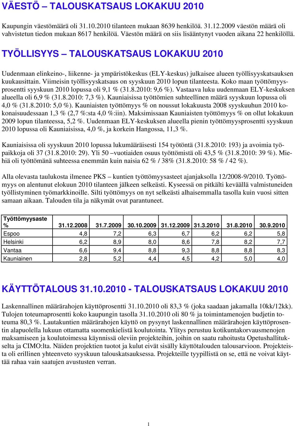 TYÖLLISYYS TALOUSKATSAUS LOKAKUU 2010 Uudenmaan elinkeino-, liikenne- ja ympäristökeskus (ELY-keskus) julkaisee alueen työllisyyskatsauksen kuukausittain.