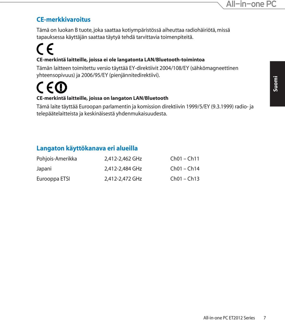 (pienjännitedirektiivi). CE-merkintä laitteille, joissa on langaton LAN/Bluetooth Tämä laite täyttää Euroopan parlamentin ja komission direktiivin 1999/5/EY (9.3.