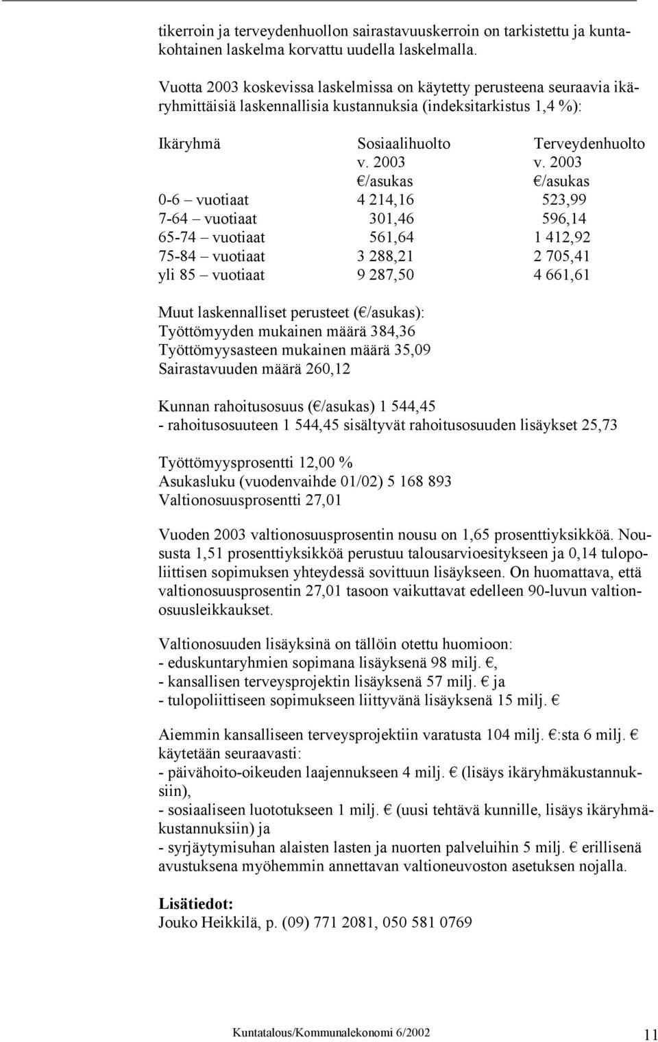 2003 /asukas /asukas 0-6 vuotiaat 4 214,16 523,99 7-64 vuotiaat 301,46 596,14 65-74 vuotiaat 561,64 1 412,92 75-84 vuotiaat 3 288,21 2 705,41 yli 85 vuotiaat 9 287,50 4 661,61 Muut laskennalliset