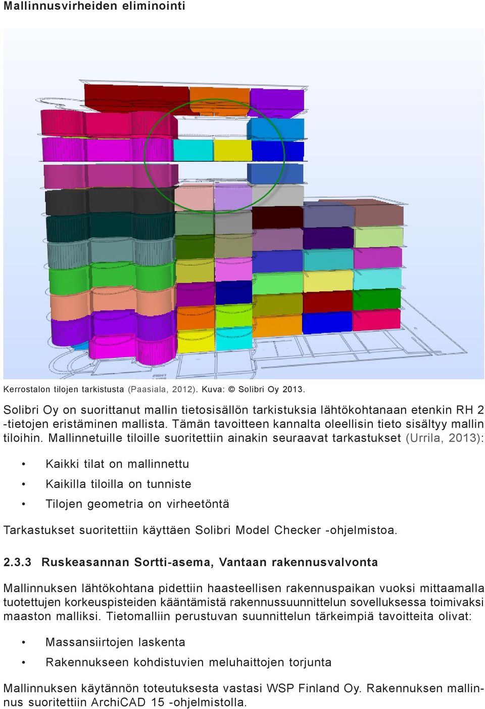 Mallinnetuille tiloille suoritettiin ainakin seuraavat tarkastukset (Urrila, 2013): Kaikki tilat on mallinnettu Kaikilla tiloilla on tunniste Tilojen geometria on virheetöntä Tarkastukset