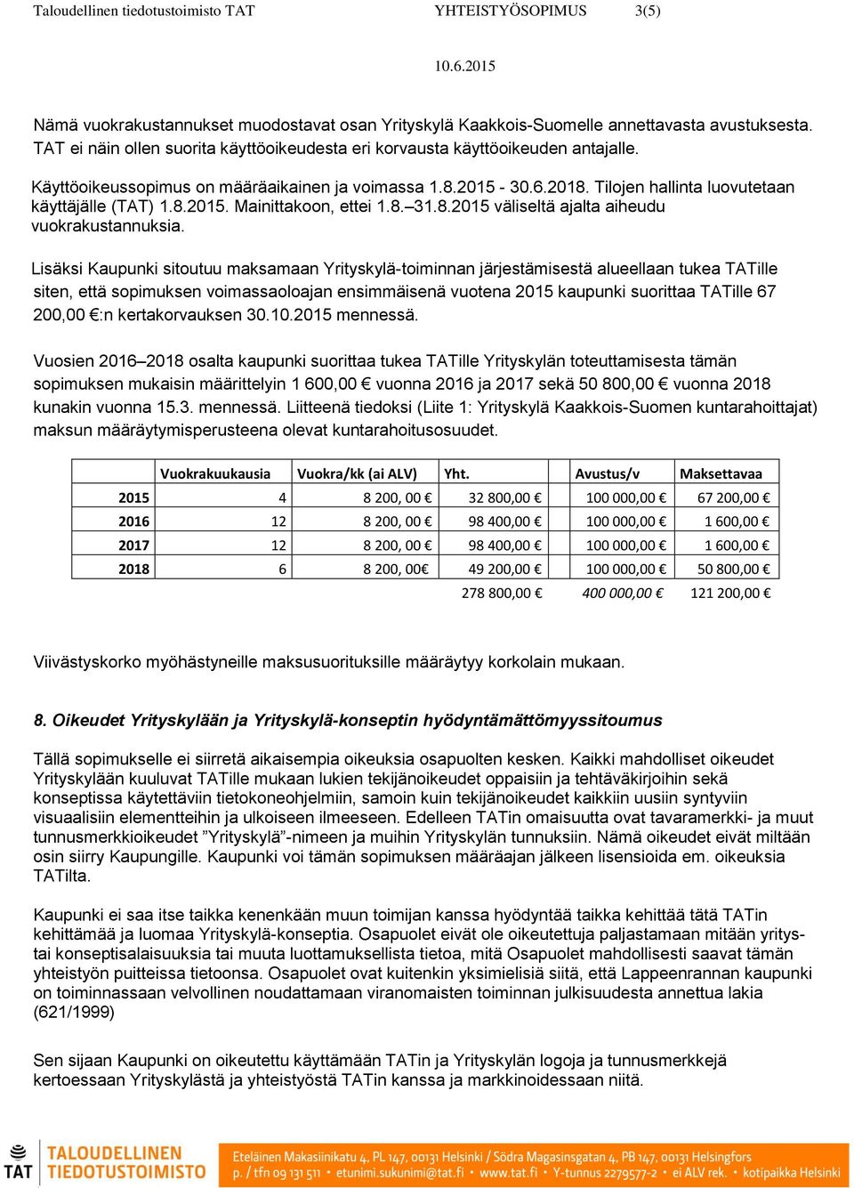 Tilojen hallinta luovutetaan käyttäjälle (TAT) 1.8.2015. Mainittakoon, ettei 1.8. 31.8.2015 väliseltä ajalta aiheudu vuokrakustannuksia.