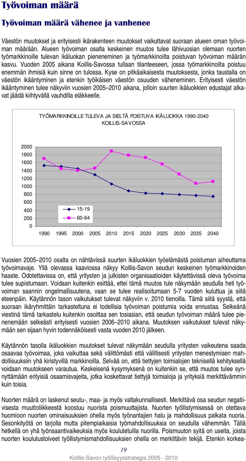 Vuoden 2005 aikana Koillis-Savossa tullaan tilanteeseen, jossa työmarkkinoilta poistuu enemmän ihmisiä kuin sinne on tulossa.