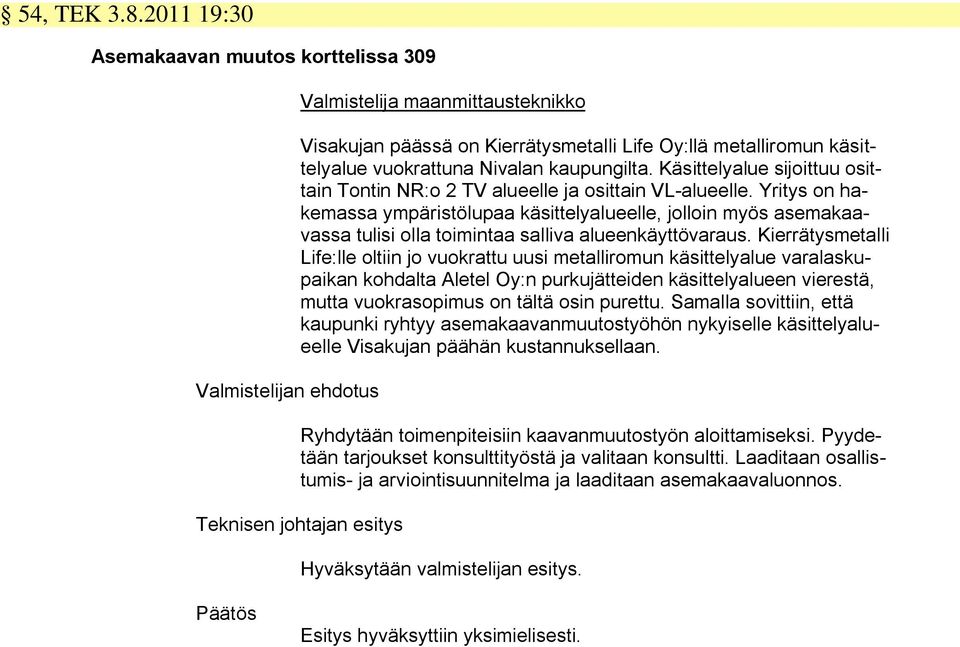 kaupungilta. Käsittelyalue sijoittuu osittain Tontin NR:o 2 TV alueelle ja osittain VL-alueelle.