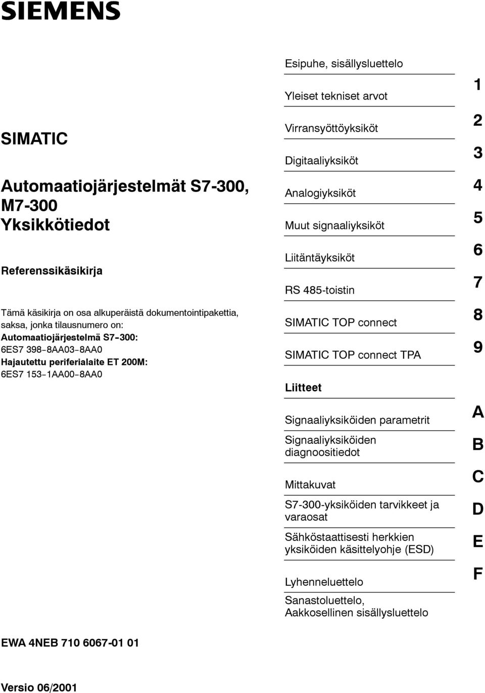 Analogiyksiköt 4 Muut signaaliyksiköt 5 Liitäntäyksiköt 6 R 485-toistin 7 IMATIC TOP connect 8 IMATIC TOP connect TPA 9 Liitteet ignaaliyksiköiden parametrit ignaaliyksiköiden