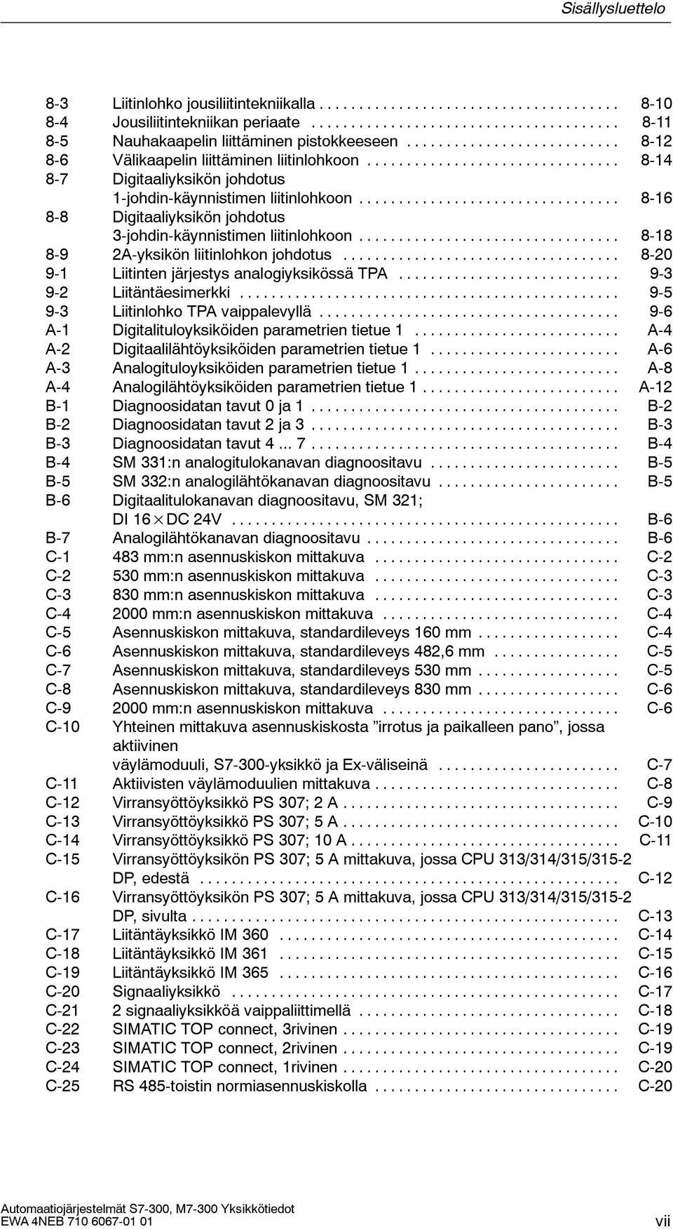 .. 8-20 9-1 Liitinten järjestys analogiyksikössä TPA... 9-3 9-2 Liitäntäesimerkki... 9-5 9-3 Liitinlohko TPA vaippalevyllä... 9-6 A-1 Digitalituloyksiköiden parametrien tietue 1.