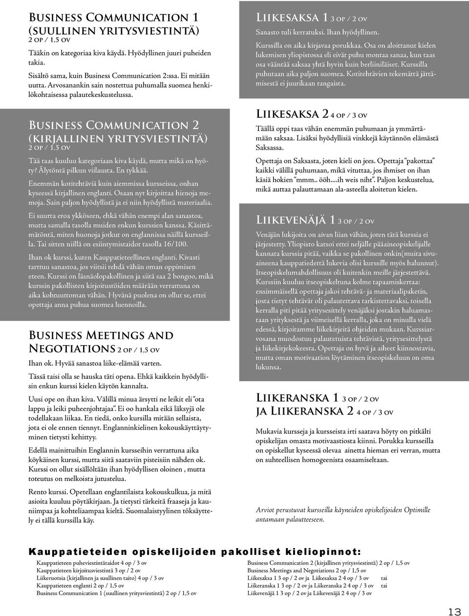 Business Communication 2 (kirjallinen yritysviestintä) 2 op / 1,5 ov Tää taas kuuluu kategoriaan kiva käydä, mutta mikä on hyöty? Älytöntä pilkun viilausta. En tykkää.