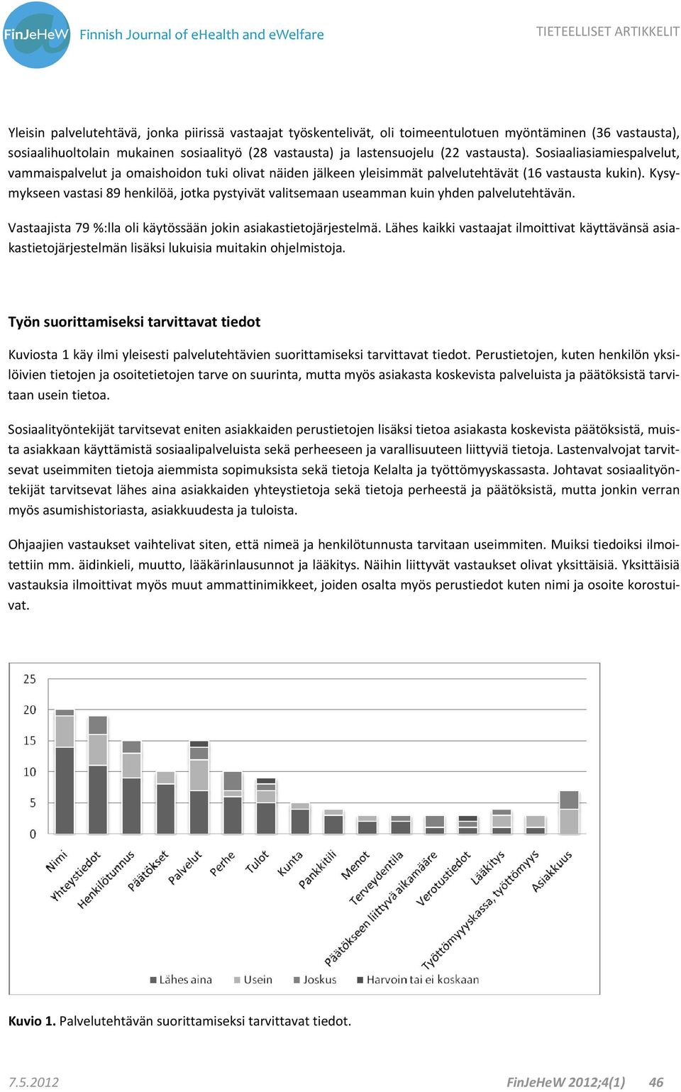 Kysymykseen vastasi 89 henkilöä, jotka pystyivät valitsemaan useamman kuin yhden palvelutehtävän. Vastaajista 79 %:lla oli käytössään jokin asiakastietojärjestelmä.