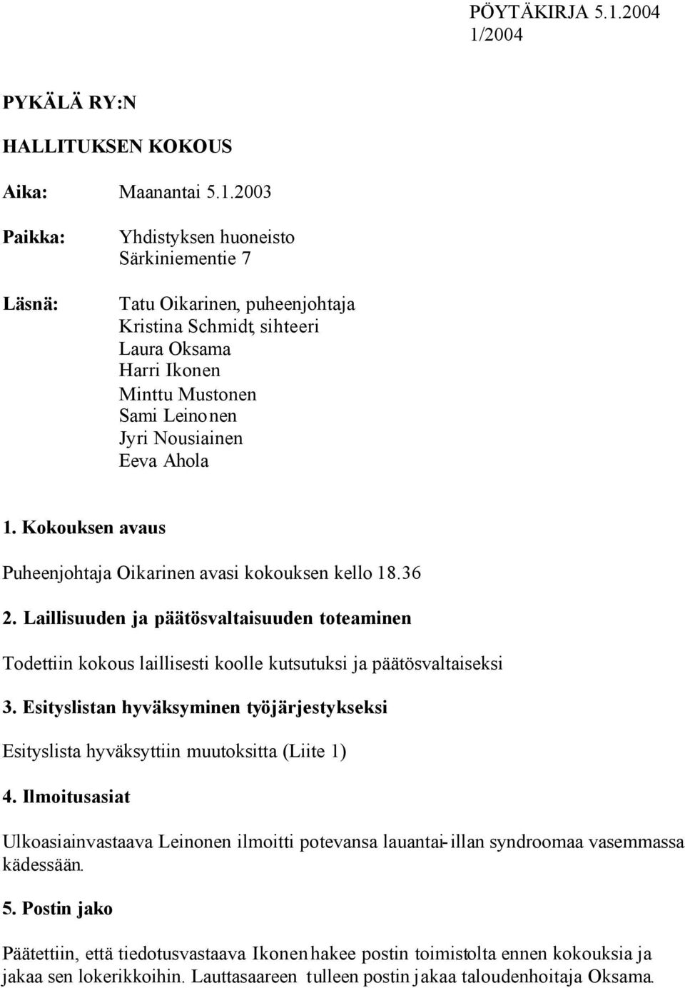 2004 PYKÄLÄ RY:N HALLITUKSEN KOKOUS Aika: Maanantai 5.1.