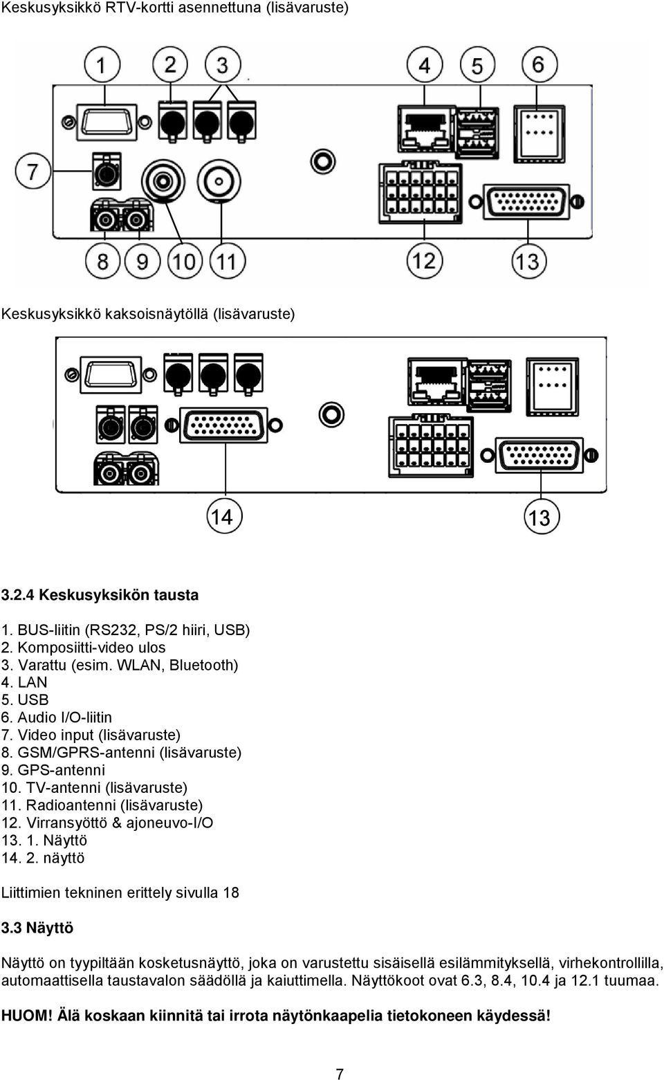 Radioantenni (lisävaruste) 12. Virransyöttö & ajoneuvo-i/o 13. 1. Näyttö 14. 2. näyttö Liittimien tekninen erittely sivulla 18 3.