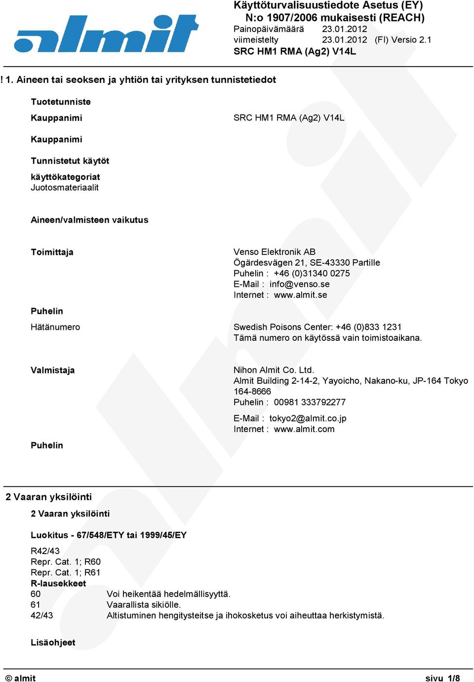 se Hätänumero Swedish Poisons Center: +46 (0)833 1231 Tämä numero on käytössä vain toimistoaikana. Valmistaja Puhelin Nihon Almit Co. Ltd.