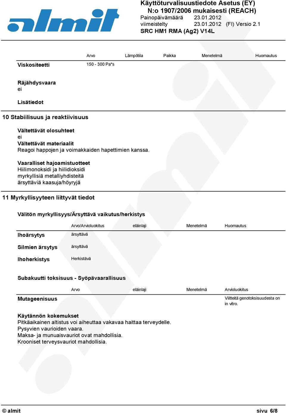 Vaaralliset hajoamistuotteet Hiilimonoksidi ja hiilidioksidi myrkyllisiä metalliyhdisteitä ärsyttäviä kaasuja/höyryjä 11 Myrkyllisyyteen liittyvät tiedot Välitön myrkyllisyys/ärsyttävä