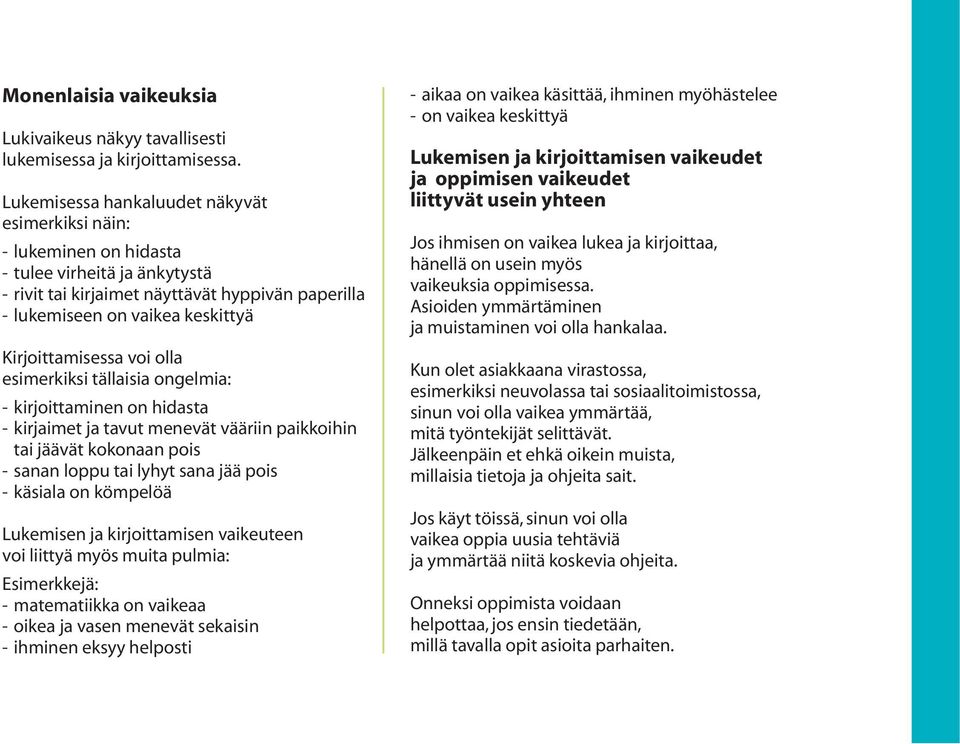 Kirjoittamisessa voi olla esimerkiksi tällaisia ongelmia: - kirjoittaminen on hidasta - kirjaimet ja tavut menevät vääriin paikkoihin tai jäävät kokonaan pois - sanan loppu tai lyhyt sana jää pois -