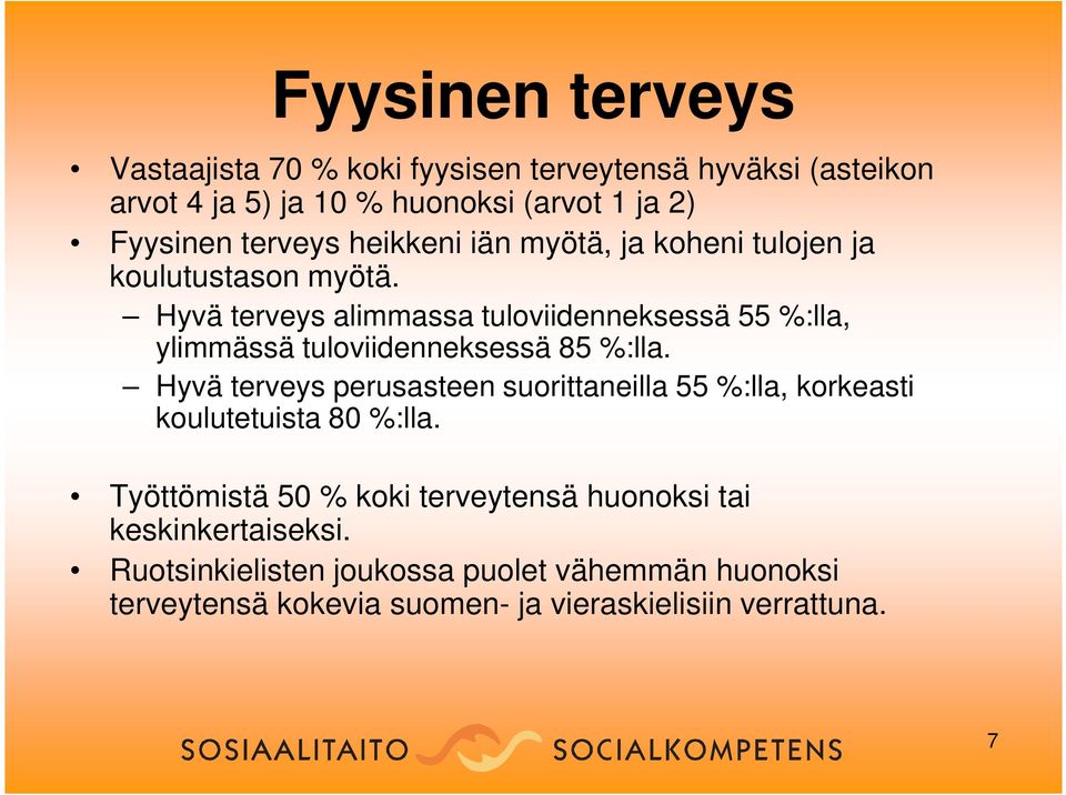 Hyvä terveys alimmassa tuloviidenneksessä 55 %:lla, ylimmässä tuloviidenneksessä 85 %:lla.