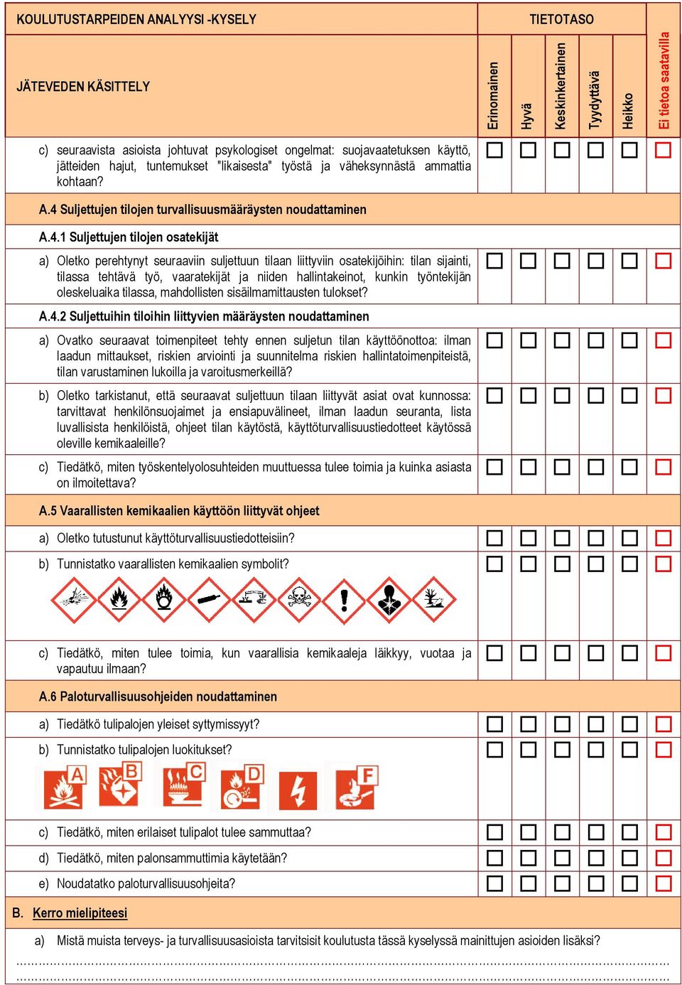 tehtävä työ, vaaratekijät ja niiden hallintakeinot, kunkin työntekijän oleskeluaika tilassa, mahdollisten sisäilmamittausten tulokset? A.4.