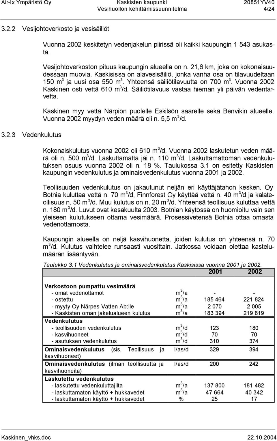 Yhteensä säiliötilavuutta on 700 m 3. Vuonna 2002 Kaskinen osti vettä 610 m 3 /d. Säiliötilavuus vastaa hieman yli päivän vedentarvetta.