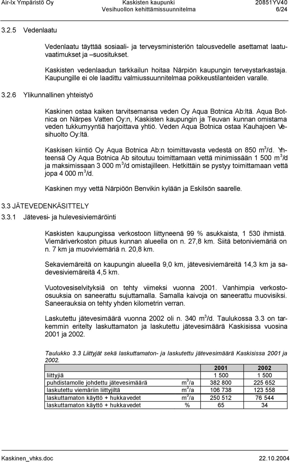 6 Ylikunnallinen yhteistyö Kaskinen ostaa kaiken tarvitsemansa veden Oy Aqua Botnica Ab:ltä.