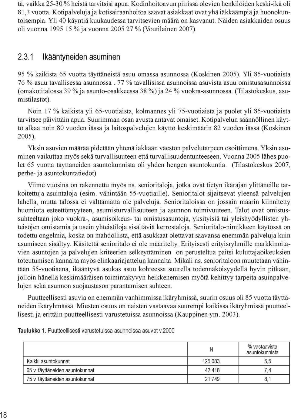 Näiden asiakkaiden osuus oli vuonna 1995 15 % ja vuonna 2005 27 % (Voutilainen 2007). 2.3.1 Ikääntyneiden asuminen 95 % kaikista 65 vuotta täyttäneistä asuu omassa asunnossa (Koskinen 2005).