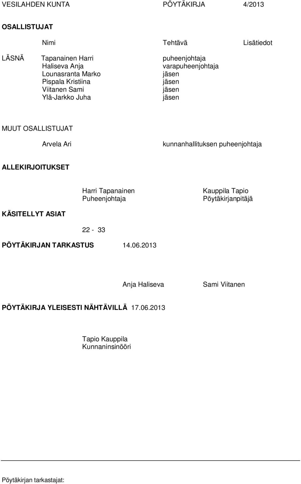 kunnanhallituksen puheenjohtaja ALLEKIRJOITUKSET Harri Tapanainen Puheenjohtaja Kauppila Tapio Pöytäkirjanpitäjä