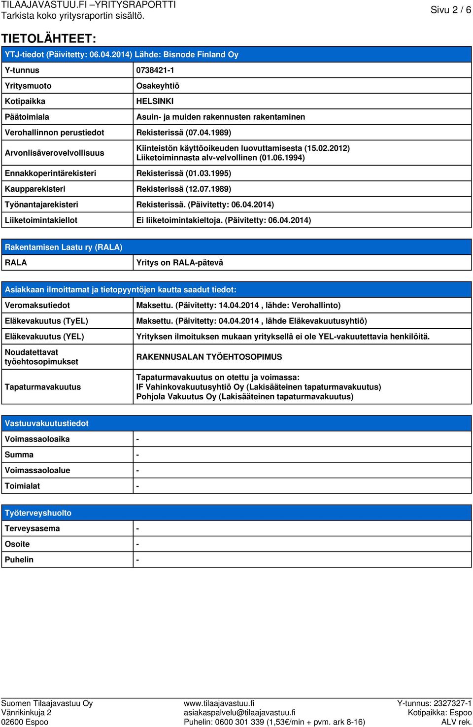 1989) Arvonlisäverovelvollisuus Ennakkoperintärekisteri Rekisterissä (01.03.1995) Kaupparekisteri Rekisterissä (12.07.1989) Kiinteistön käyttöoikeuden luovuttamisesta (15.02.