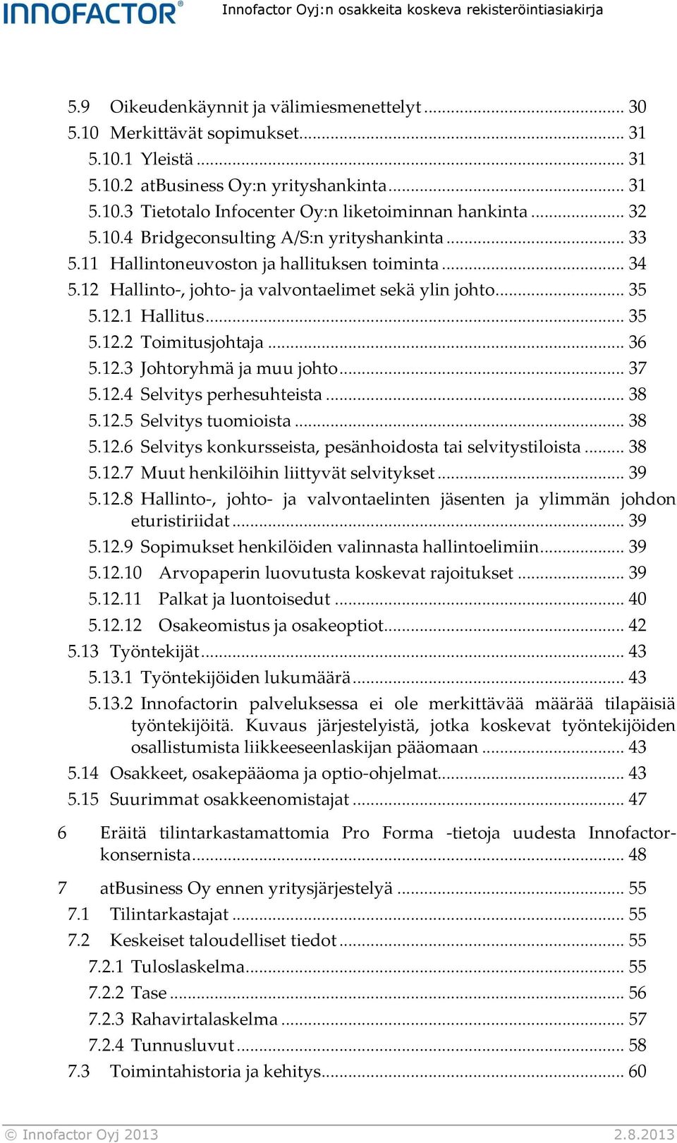 12 Hallinto-, johto- ja valvontaelimet sekä ylin johto... 35 5.12.1 Hallitus... 35 5.12.2 Toimitusjohtaja... 36 5.12.3 Johtoryhmä ja muu johto... 37 5.12.4 Selvitys perhesuhteista... 38 5.12.5 Selvitys tuomioista.