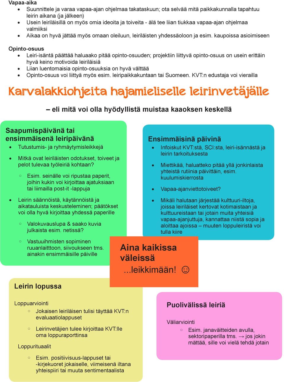 kaupoissa asioimiseen Opinto-osuus Leiri-isäntä päättää haluaako pitää opinto-osuuden; projektiin liittyvä opinto-osuus on usein erittäin hyvä keino motivoida leiriläisiä Liian luentomaisia