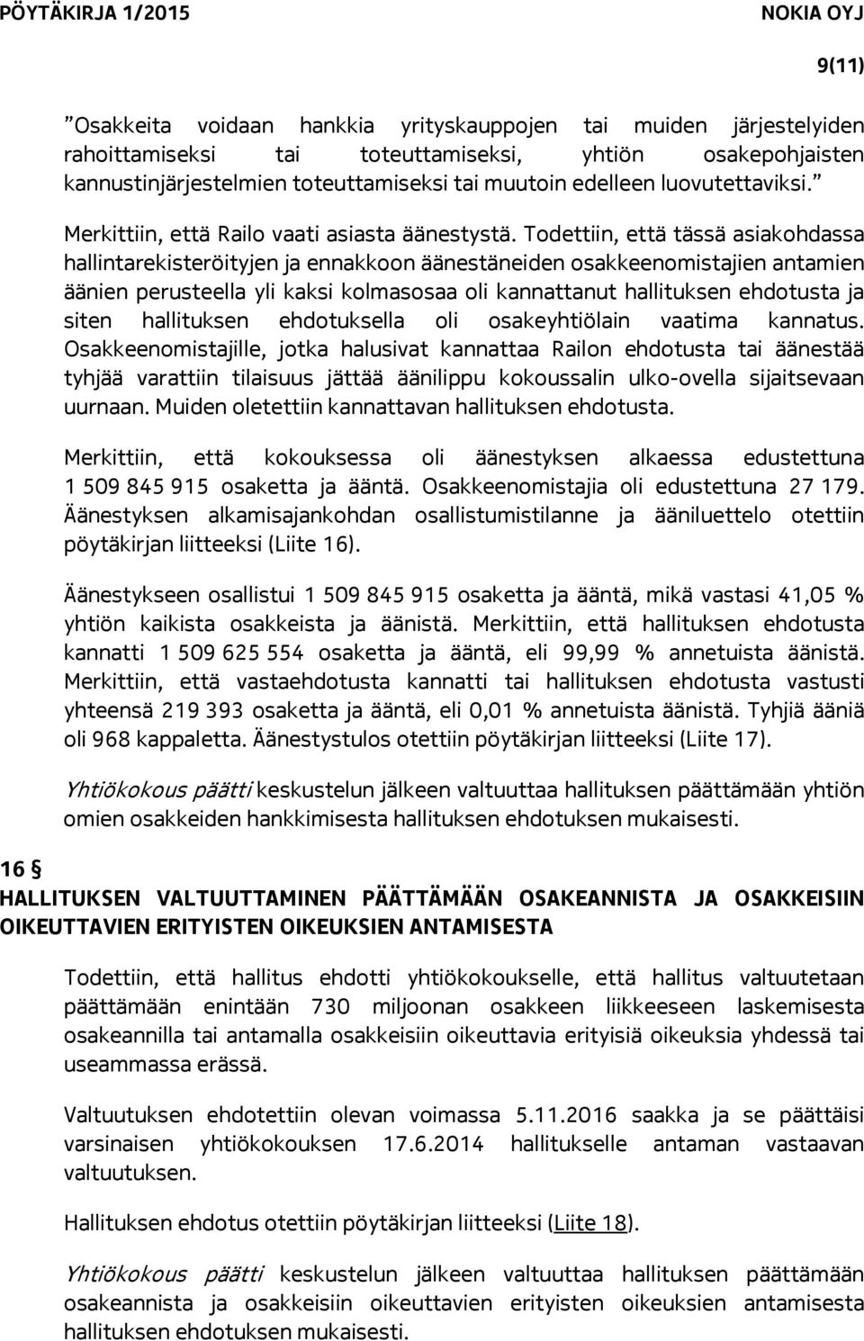 Todettiin, että tässä asiakohdassa hallintarekisteröityjen ja ennakkoon äänestäneiden osakkeenomistajien antamien äänien perusteella yli kaksi kolmasosaa oli kannattanut hallituksen ehdotusta ja