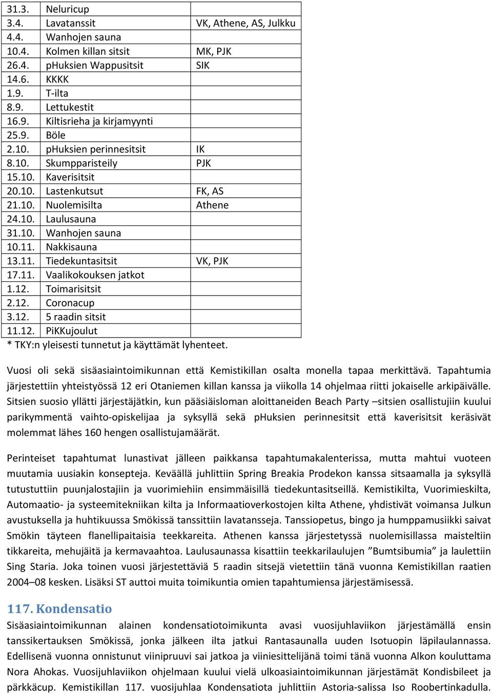 Nakkisauna 13.11. Tiedekuntasitsit VK, PJK 17.11. Vaalikokouksen jatkot 1.12. Toimarisitsit 2.12. Coronacup 3.12. 5 raadin sitsit 11.12. PiKKujoulut * TKY:n yleisesti tunnetut ja käyttämät lyhenteet.