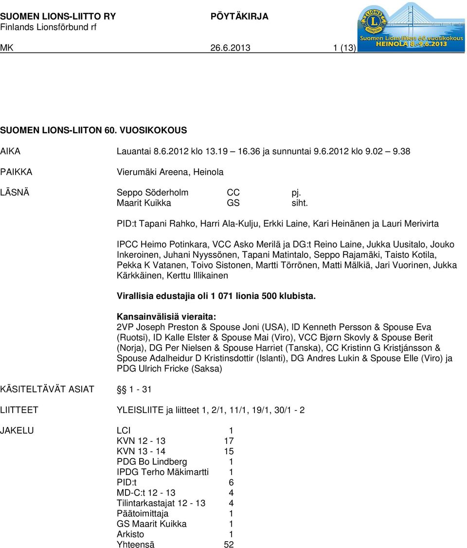 KÄSITELTÄVÄT ASIAT 1-31 PID:t Tapani Rahko, Harri Ala-Kulju, Erkki Laine, Kari Heinänen ja Lauri Merivirta IPCC Heimo Potinkara, VCC Asko Merilä ja DG:t Reino Laine, Jukka Uusitalo, Jouko Inkeroinen,