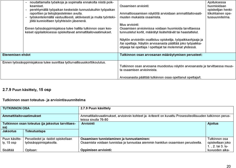 Ennen työssäoppimisjaksoa tulee hallita tutkinnon osan keskeiset oppilaitoksessa opiskeltavat ammattitaitovaatimukset.