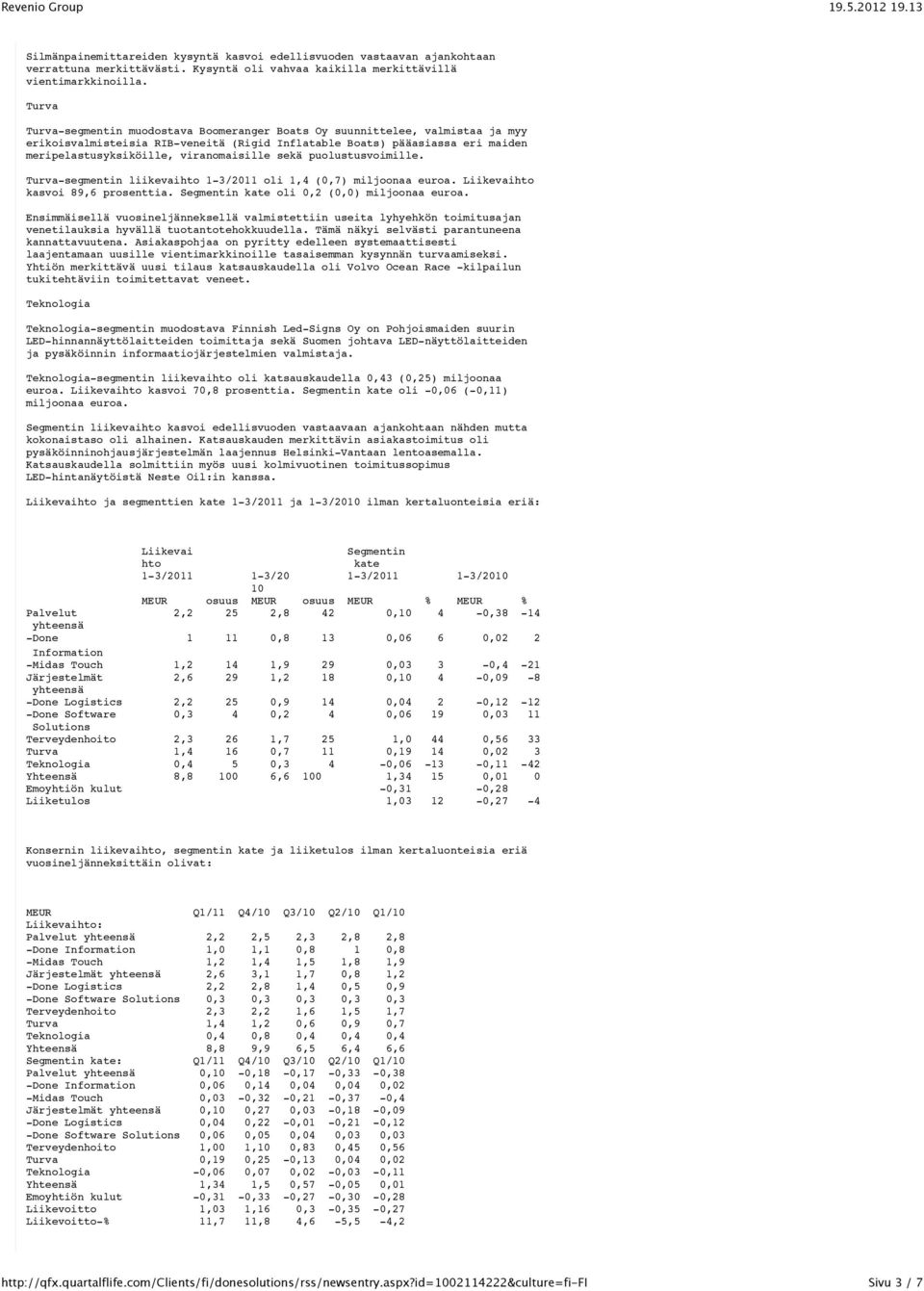 viranomaisille sekä puolustusvoimille. Turva-segmentin liikevaihto 1-3/2011 oli 1,4 (0,7) miljoonaa euroa. Liikevaihto kasvoi 89,6 prosenttia. Segmentin kate oli 0,2 (0,0) miljoonaa euroa.