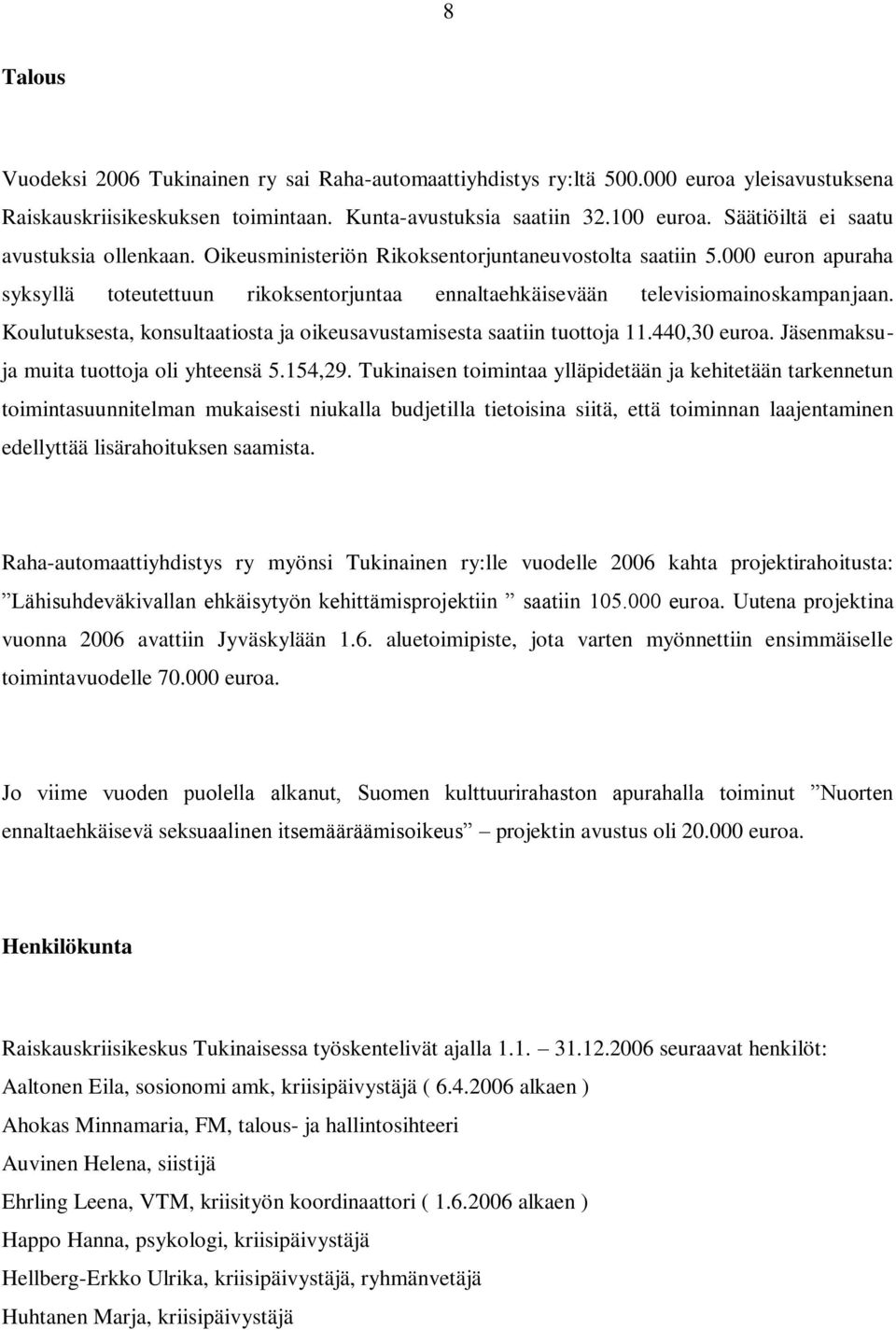 000 euron apuraha syksyllä toteutettuun rikoksentorjuntaa ennaltaehkäisevään televisiomainoskampanjaan. Koulutuksesta, konsultaatiosta ja oikeusavustamisesta saatiin tuottoja 11.440,30 euroa.