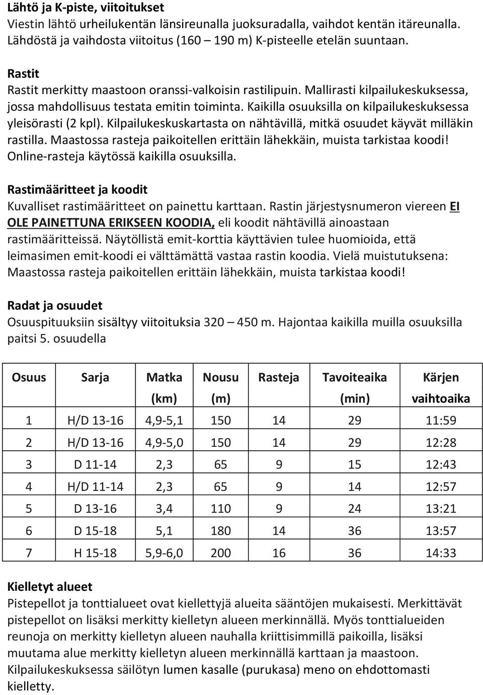 Kaikilla osuuksilla on kilpailukeskuksessa yleisörasti (2 kpl). Kilpailukeskuskartasta on nähtävillä, mitkä osuudet käyvät milläkin rastilla.