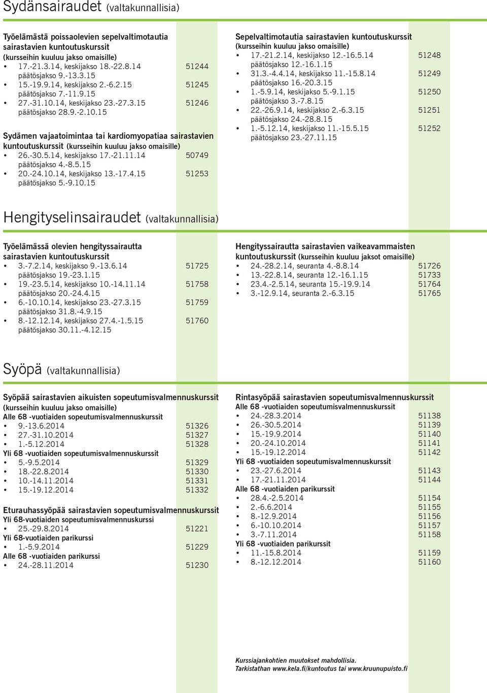 -30.5.14, keskijakso 17.-21.11.14 50749 päätösjakso 4.-8.5.15 20.-24.10.14, keskijakso 13.-17.4.15 51253 päätösjakso 5.-9.10.15 Sepelvaltimotautia sairastavien kuntoutuskurssit (kursseihin kuuluu jakso omaisille) 17.