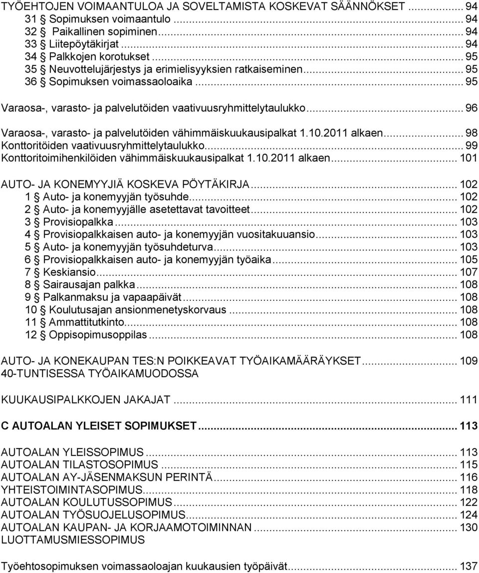 .. 96 Varaosa-, varasto- ja palvelutöiden vähimmäiskuukausipalkat 1.10.2011 alkaen... 98 Konttoritöiden vaativuusryhmittelytaulukko... 99 Konttoritoimihenkilöiden vähimmäiskuukausipalkat 1.10.2011 alkaen... 101 AUTO- JA KONEMYYJIÄ KOSKEVA PÖYTÄKIRJA.