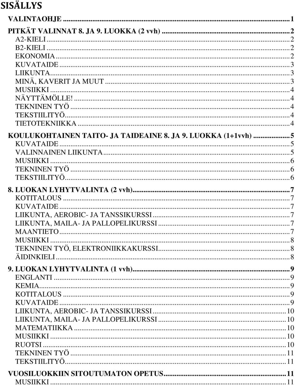 .. 6 TEKSTIILITYÖ... 6 8. LUOKAN LYHYTVALINTA (2 vvh)... 7 KOTITALOUS... 7 KUVATAIDE... 7 LIIKUNTA, AEROBIC- JA TANSSIKURSSI... 7 LIIKUNTA, MAILA- JA PALLOPELIKURSSI... 7 MAANTIETO... 7 MUSIIKKI.