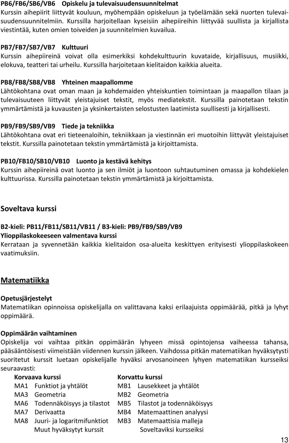 PB7/FB7/SB7/VB7 Kulttuuri Kurssin aihepiireinä voivat olla esimerkiksi kohdekulttuurin kuvataide, kirjallisuus, musiikki, elokuva, teatteri tai urheilu.