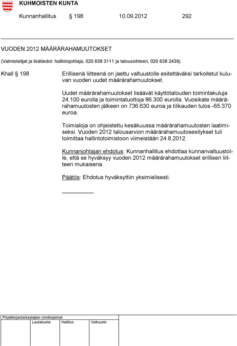 esitettäväksi tarkoitetut kuluvan vuoden uudet määrärahamuutokset. Uudet määrärahamuutokset lisäävät käyttötalouden toimintakuluja 24.100 eurolla ja toimintatuottoja 86.300 eurolla.