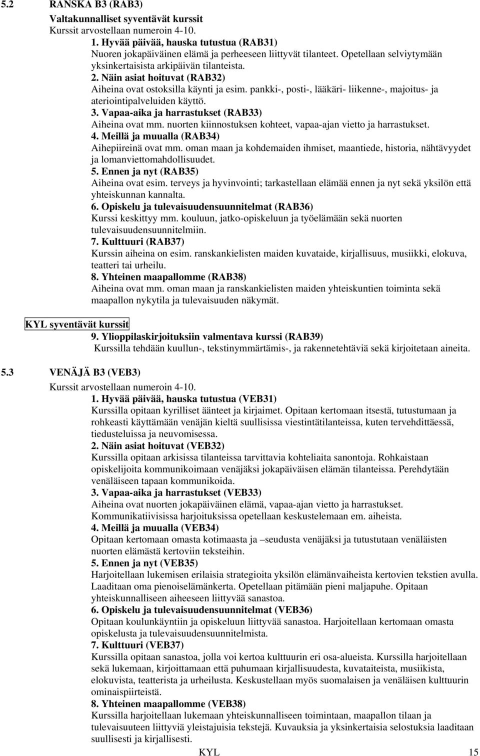 pankki-, posti-, lääkäri- liikenne-, majoitus- ja ateriointipalveluiden käyttö. 3. Vapaa-aika ja harrastukset (RAB33) Aiheina ovat mm. nuorten kiinnostuksen kohteet, vapaa-ajan vietto ja harrastukset.