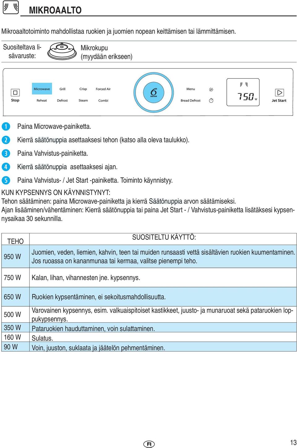 KUN KYPSENNYS ON KÄYNNISTYNYT : Tehon säätäminen: paina Microwave-painiketta ja kierrä Säätönuppia arvon säätämiseksi.