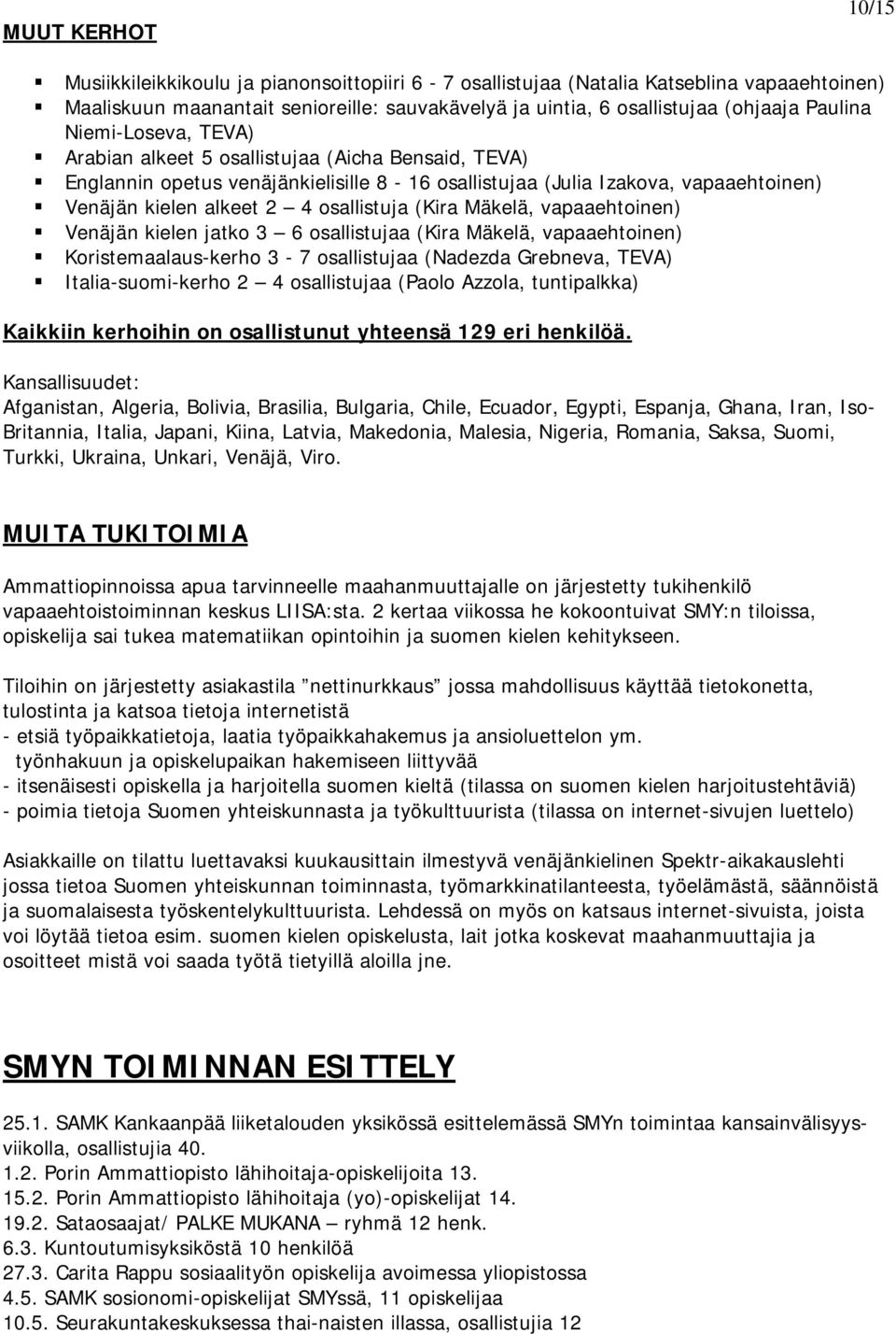 osallistuja (Kira Mäkelä, vapaaehtoinen) Venäjän kielen jatko 3 6 osallistujaa (Kira Mäkelä, vapaaehtoinen) Koristemaalaus-kerho 3-7 osallistujaa (Nadezda Grebneva, TEVA) Italia-suomi-kerho 2 4